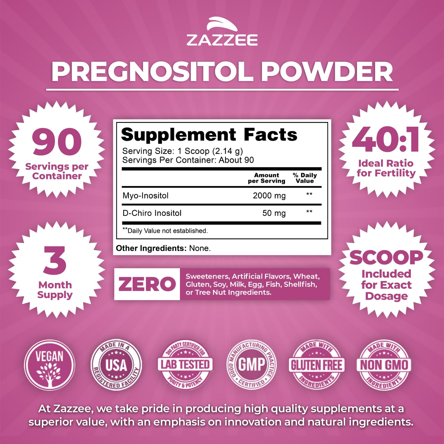 Zazzee PREGNOSITOL Powder scoop next to container