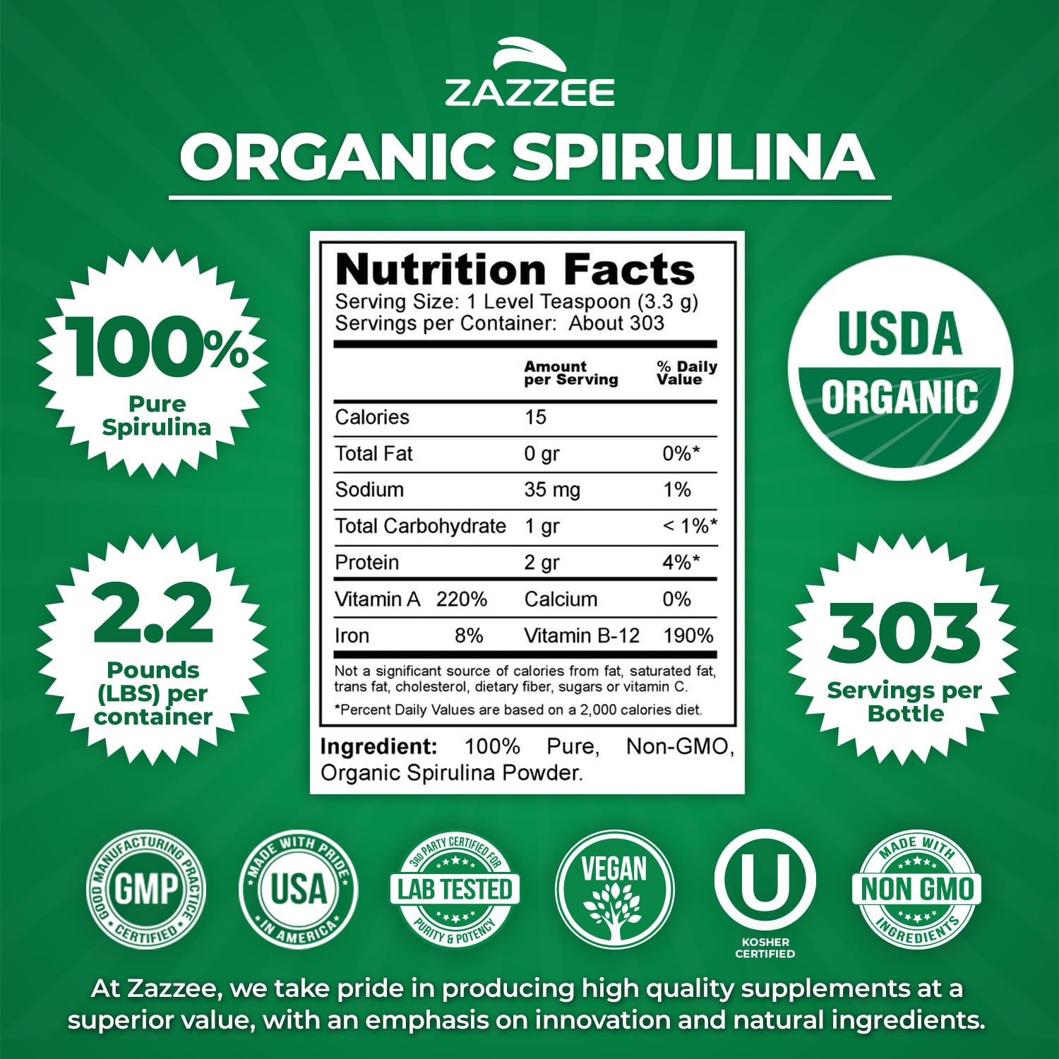 Zazzee Spirulina Powder 2.2 pounds container side view