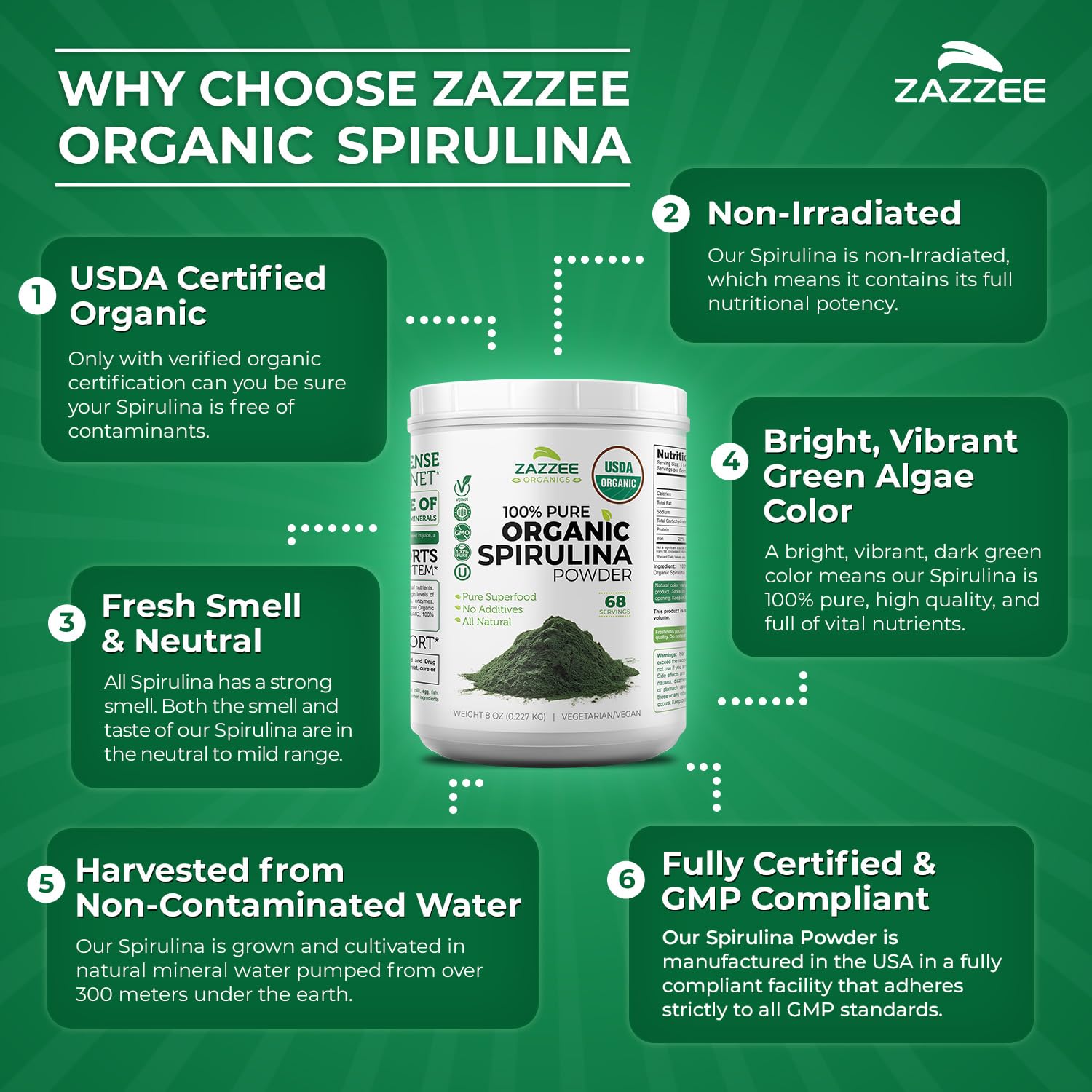 Zazzee Spirulina Powder 8 ounces displayed on kitchen counter
