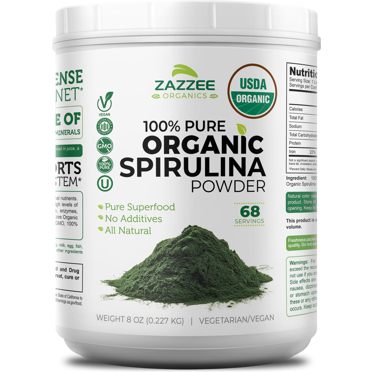 Zazzee Spirulina Powder 8 ounces front view with packaging