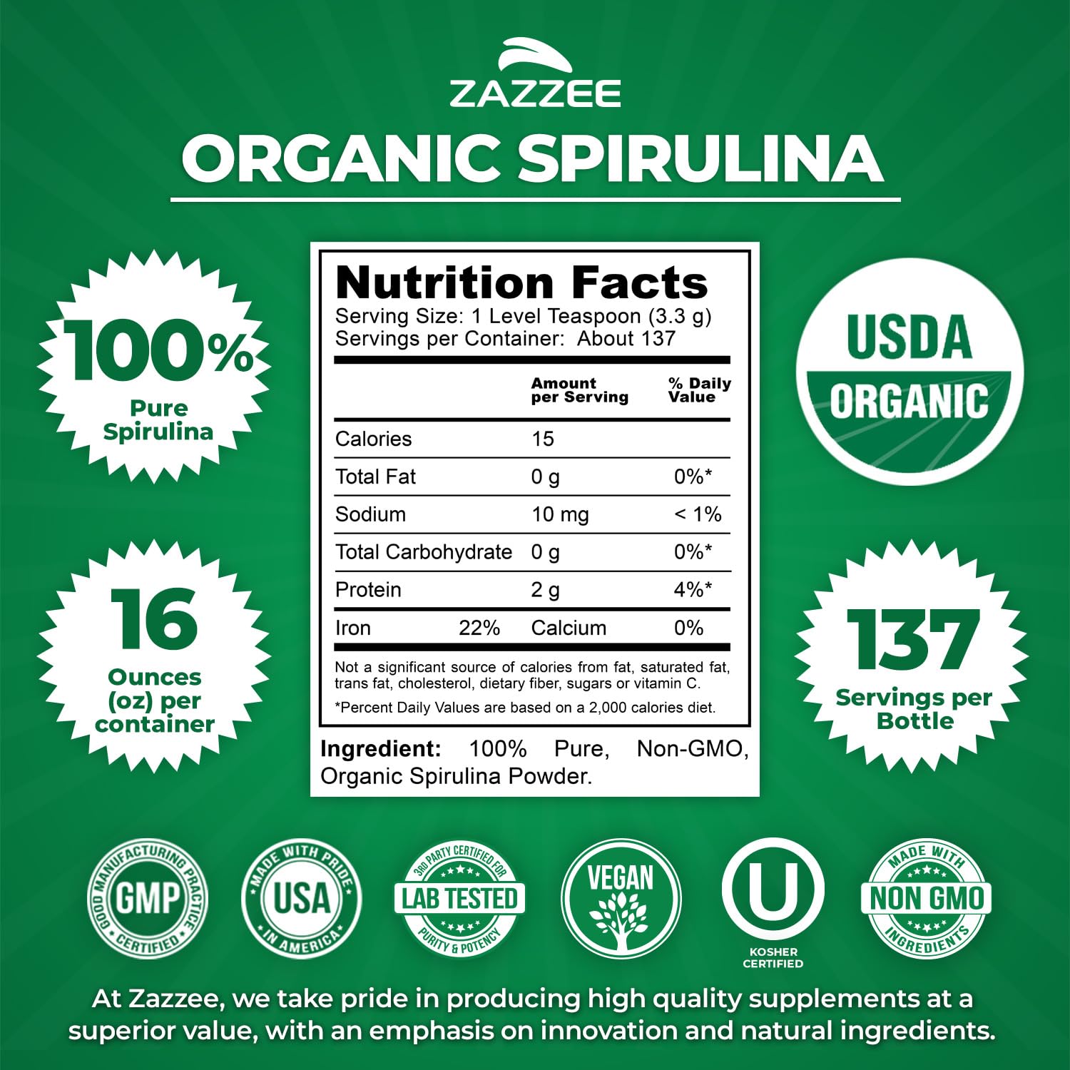 Zazzee Spirulina Powder container top view