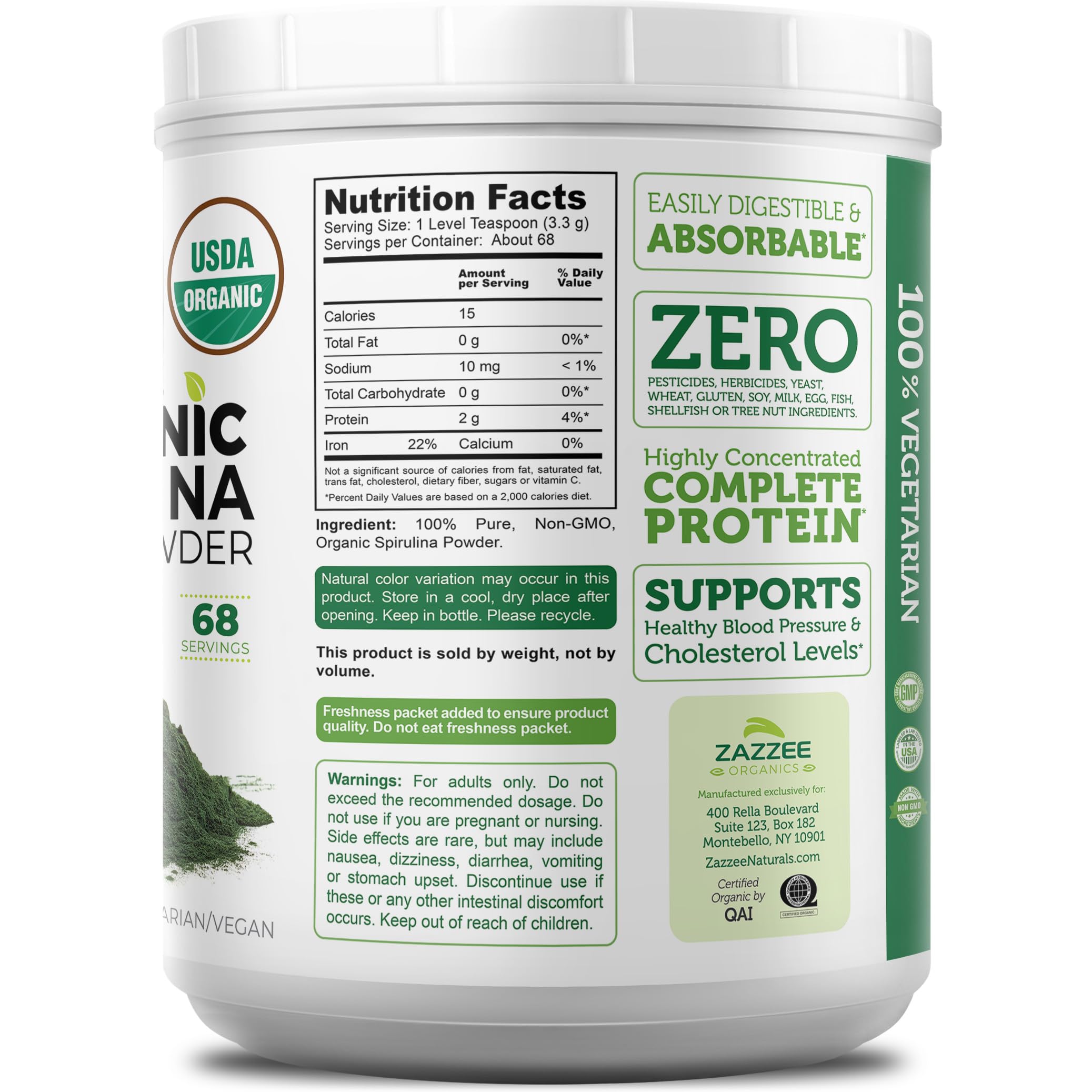 Zazzee Spirulina Powder container with teaspoon for serving