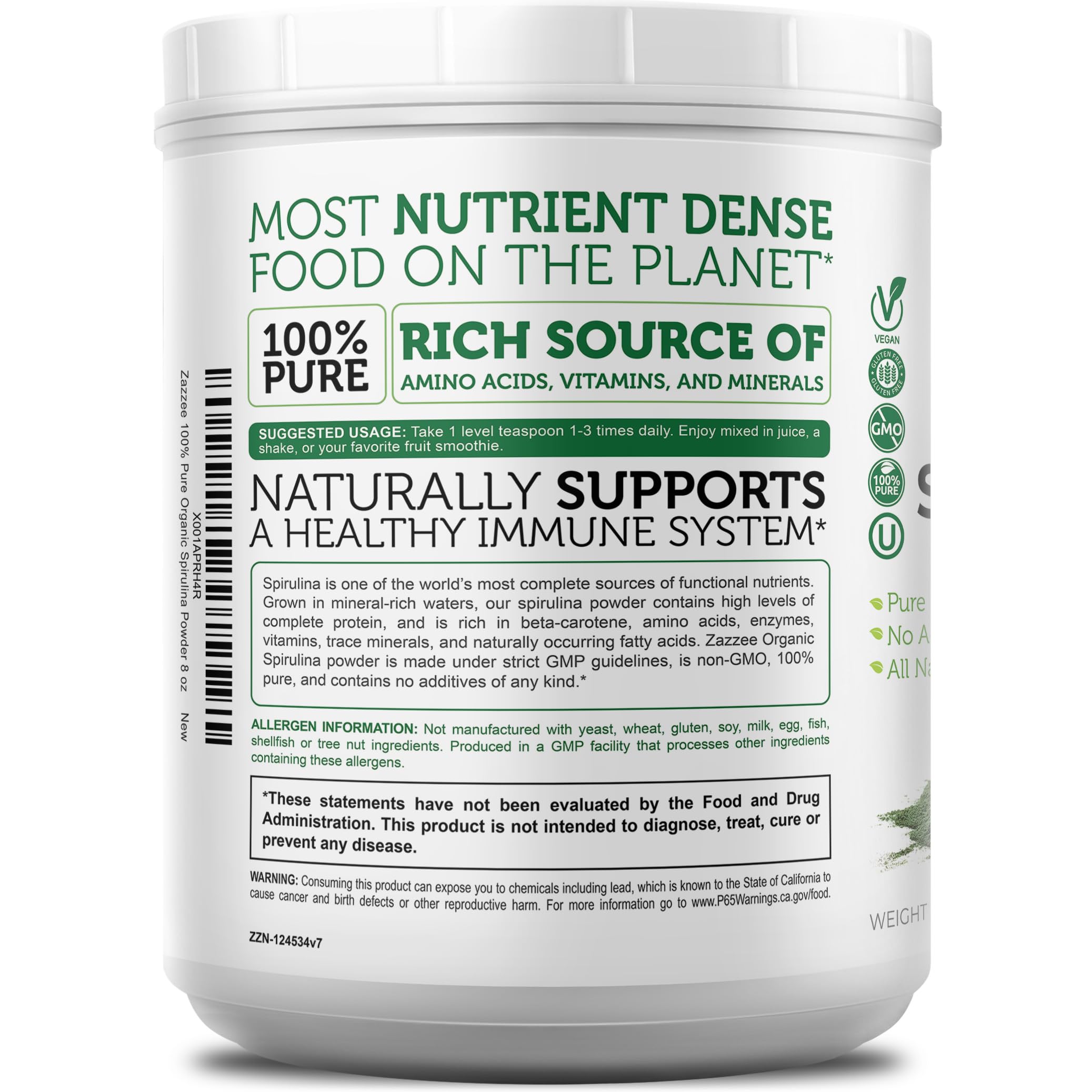 Zazzee Spirulina Powder packaging with product information
