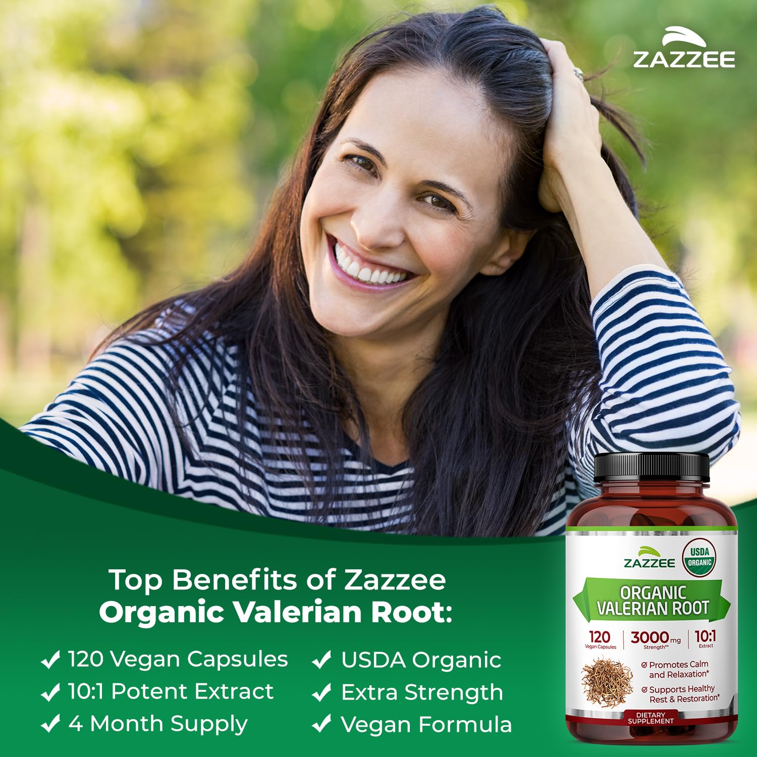 Zazzee Valerian Root Extract 120 Capsules with organic certification label