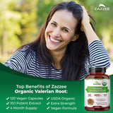 Zazzee Valerian Root Extract 120 Capsules with organic certification label
