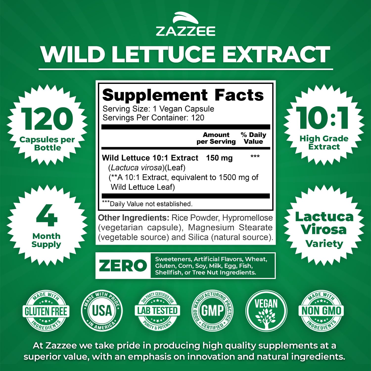 Zazzee Wild Lettuce Extract 10:1 120 Capsules side view