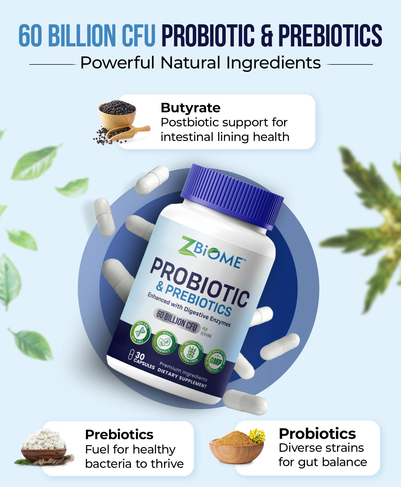 ZBIOME Probiotic 60 Billion CFU Capsules bottle with label