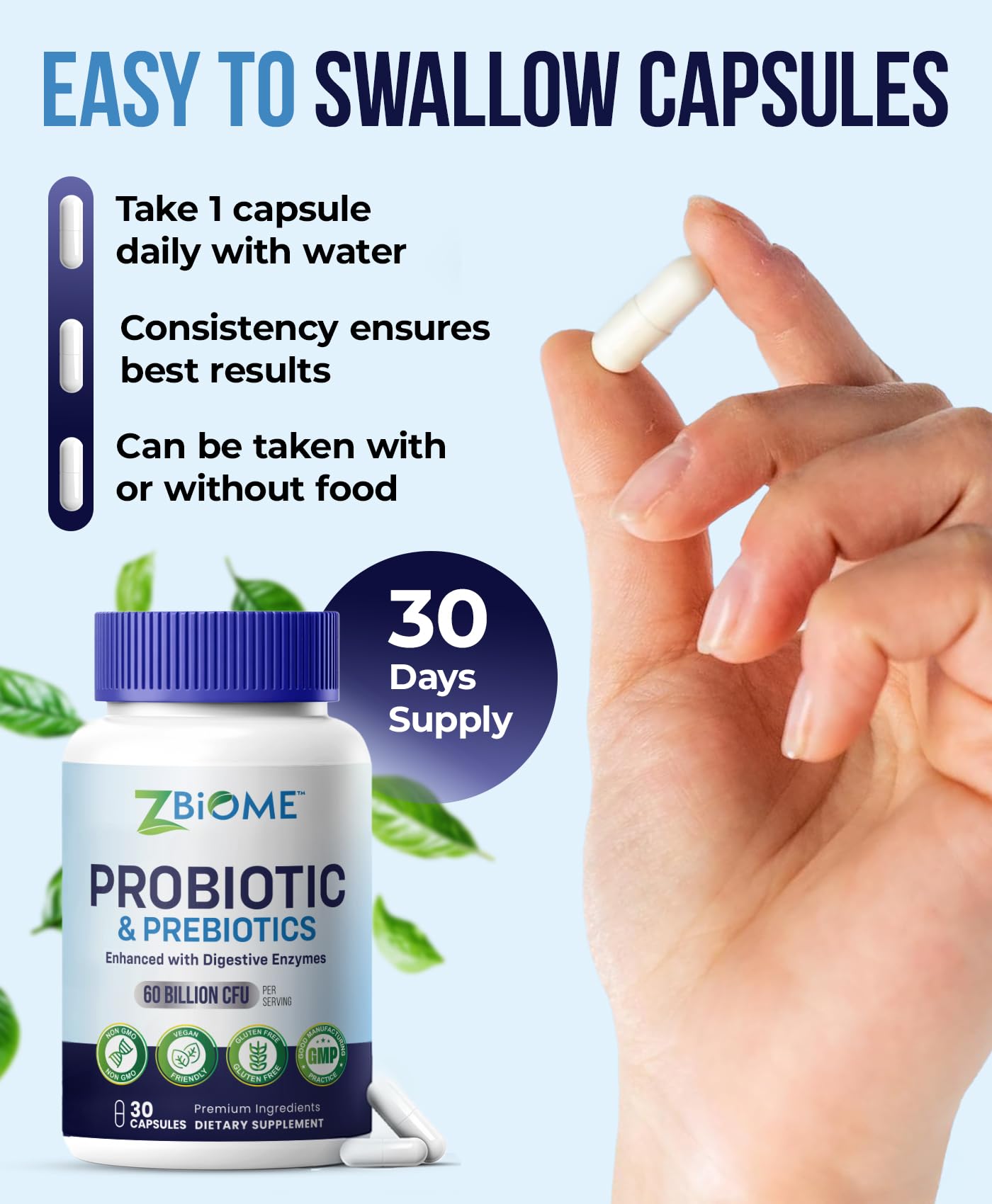 ZBIOME Probiotic 60 Billion CFU Capsules on a wooden table