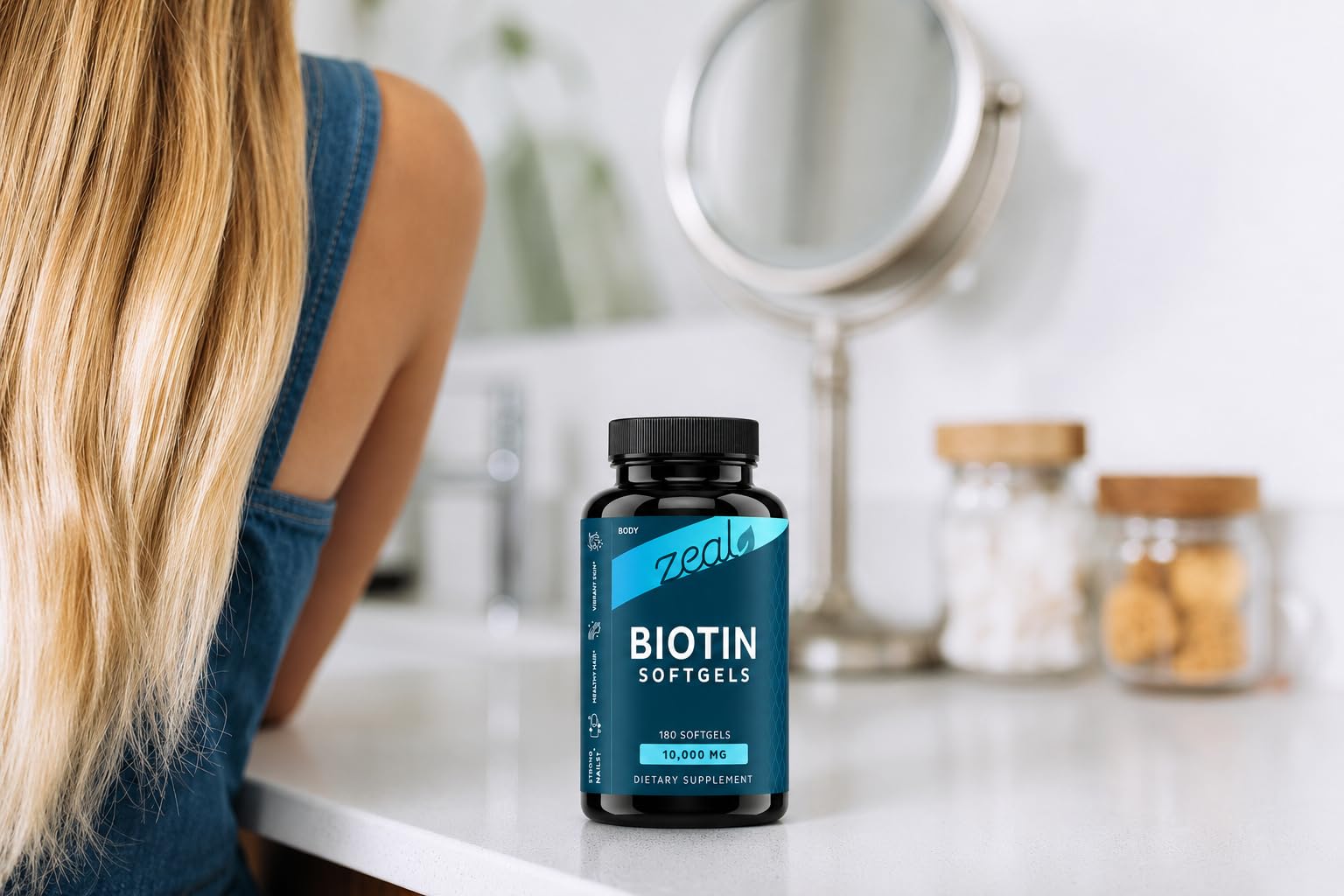 Zeal Naturals Biotin 10000MCG softgels in a lifestyle setting