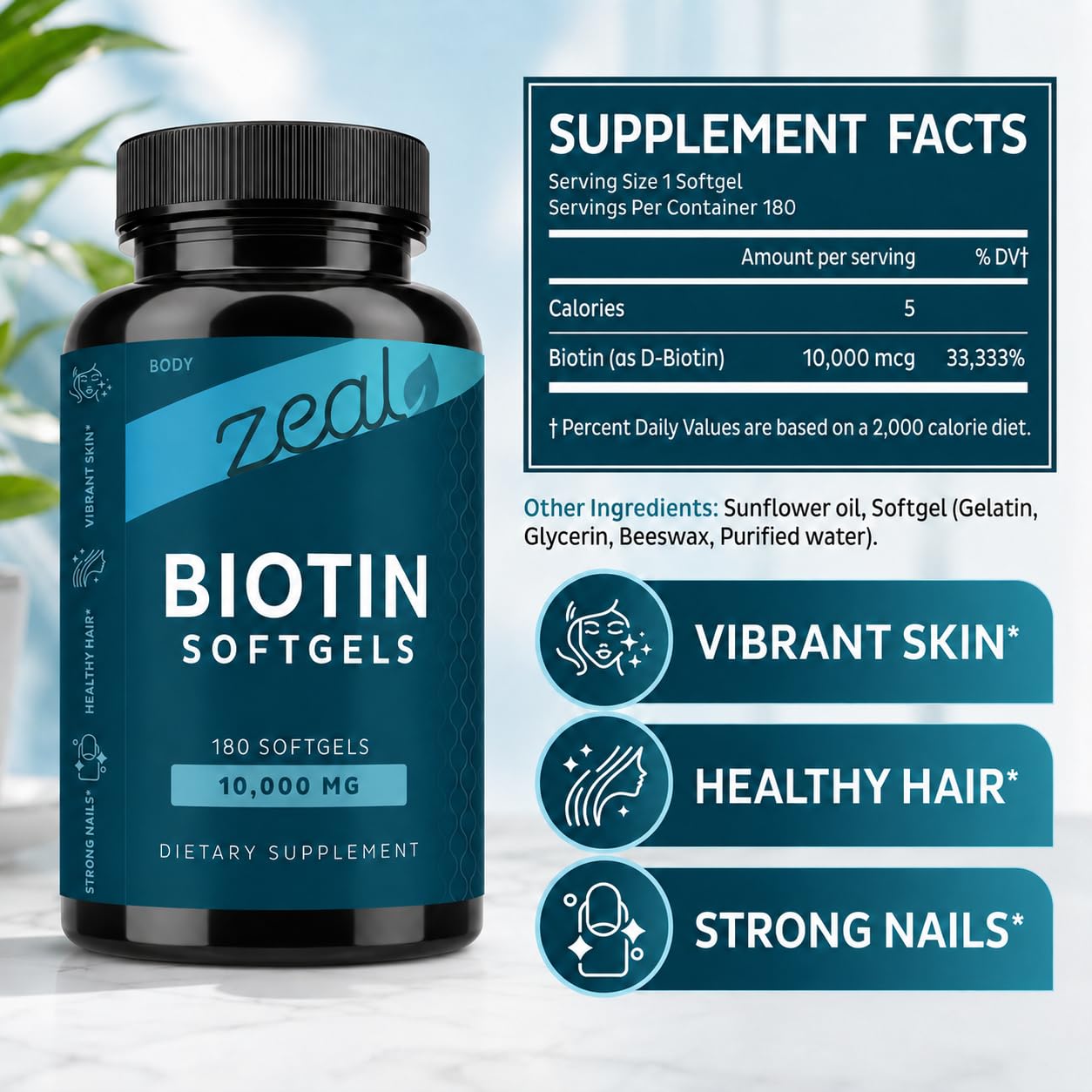 Zeal Naturals Biotin 10000MCG softgels packaging