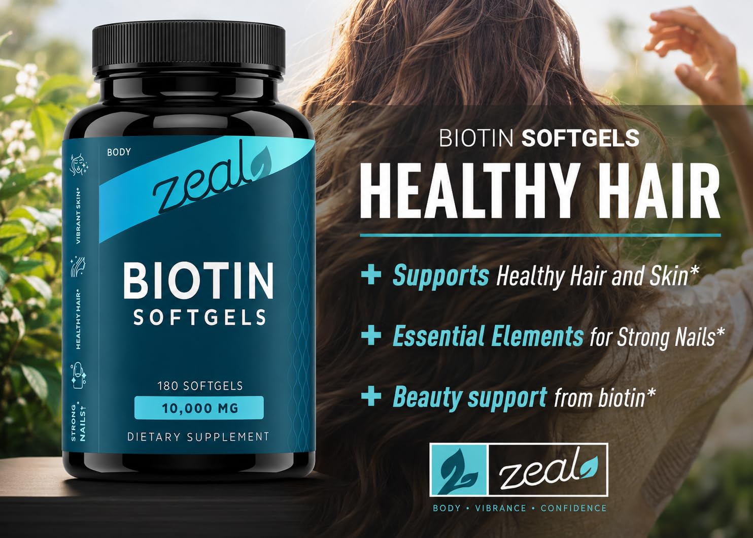 Zeal Naturals Biotin 10000MCG softgels side view