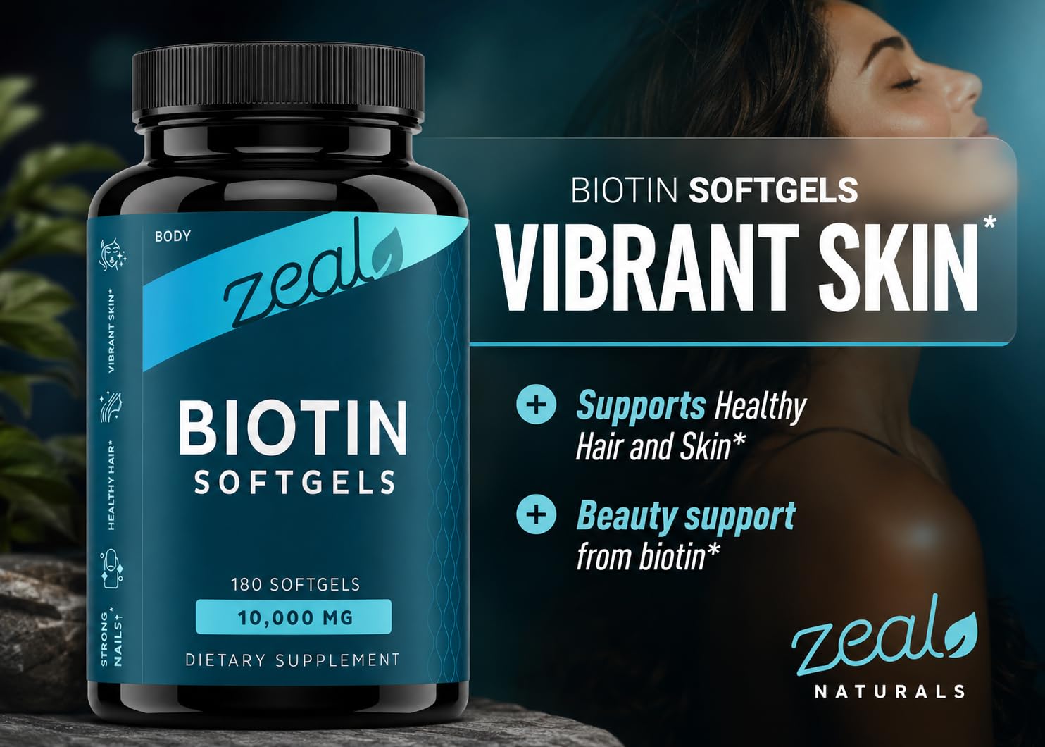 Zeal Naturals Biotin 10000MCG softgels with ingredients list