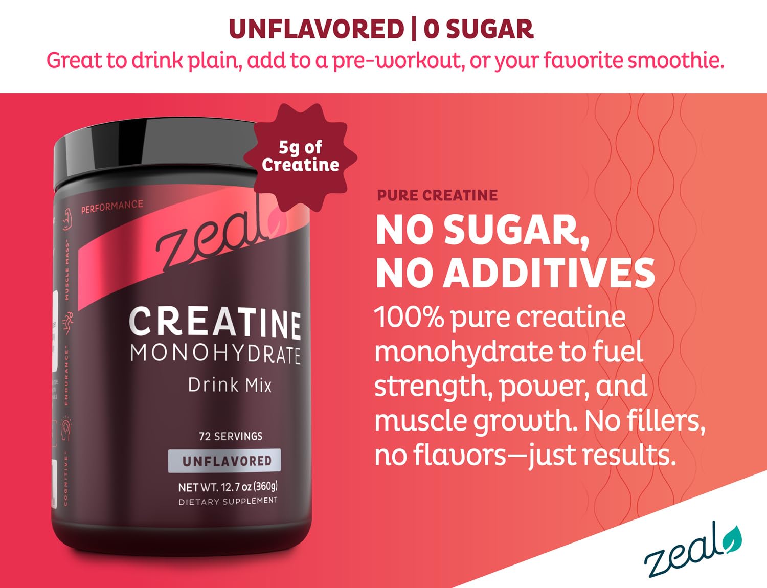 Zeal Naturals Creatine Monohydrate 360g back view with nutritional information
