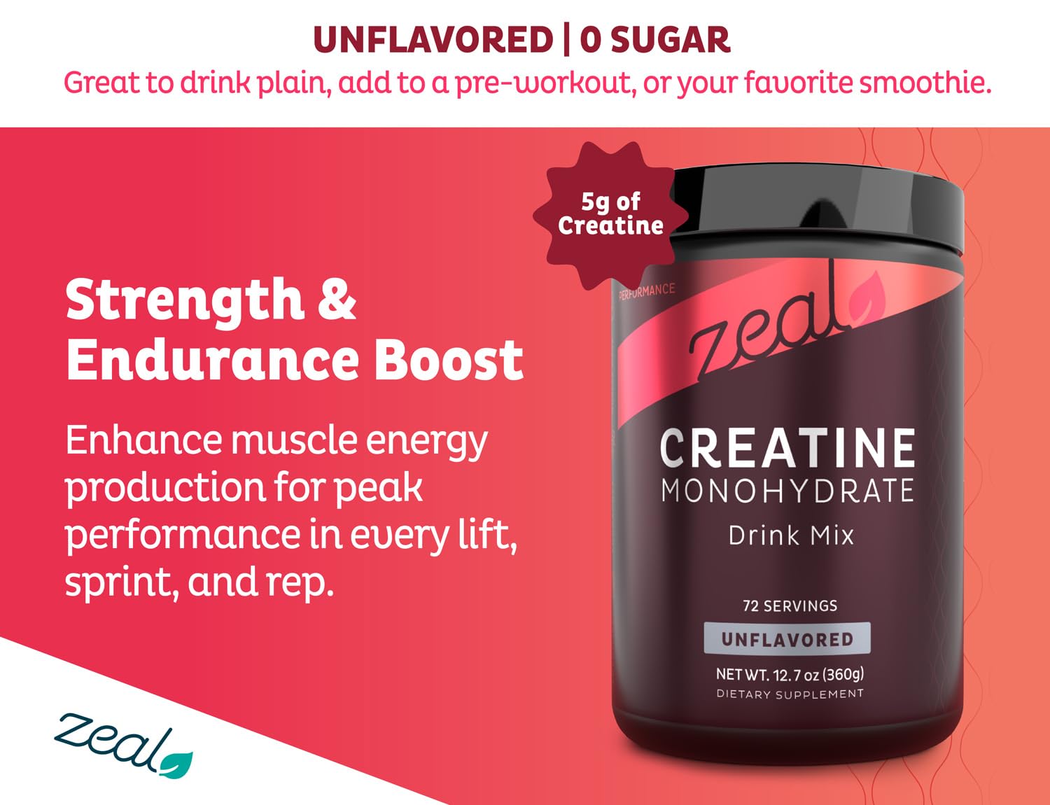 Zeal Naturals Creatine Monohydrate 360g side view showing packaging details