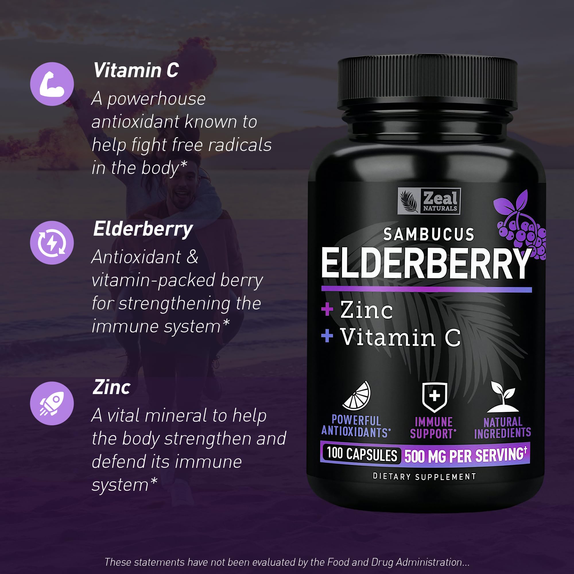 Zeal Naturals Elderberry Supplement 500mg back view with ingredient list