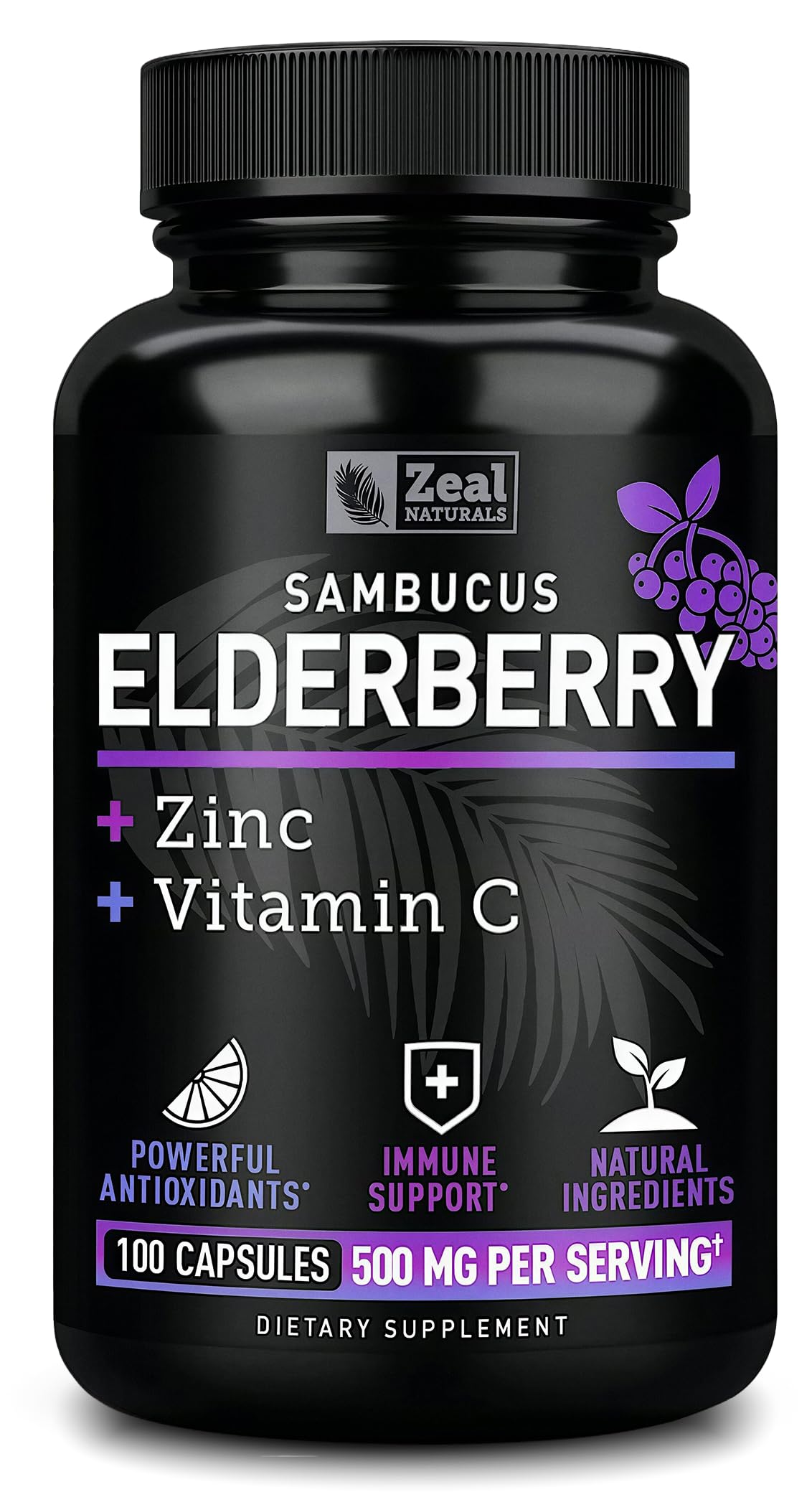 Zeal Naturals Elderberry Supplement 500mg front view of the bottle