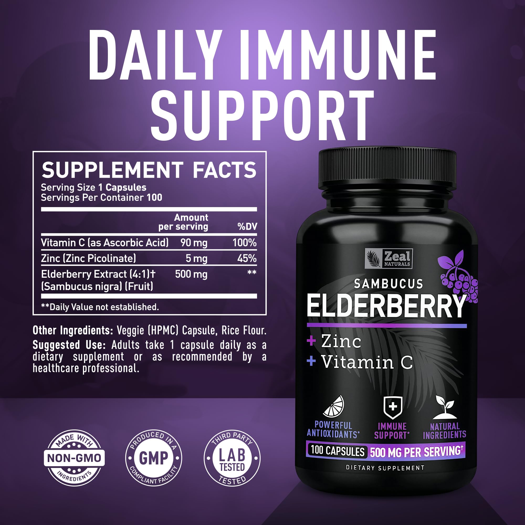 Zeal Naturals Elderberry Supplement 500mg side view showing capsule