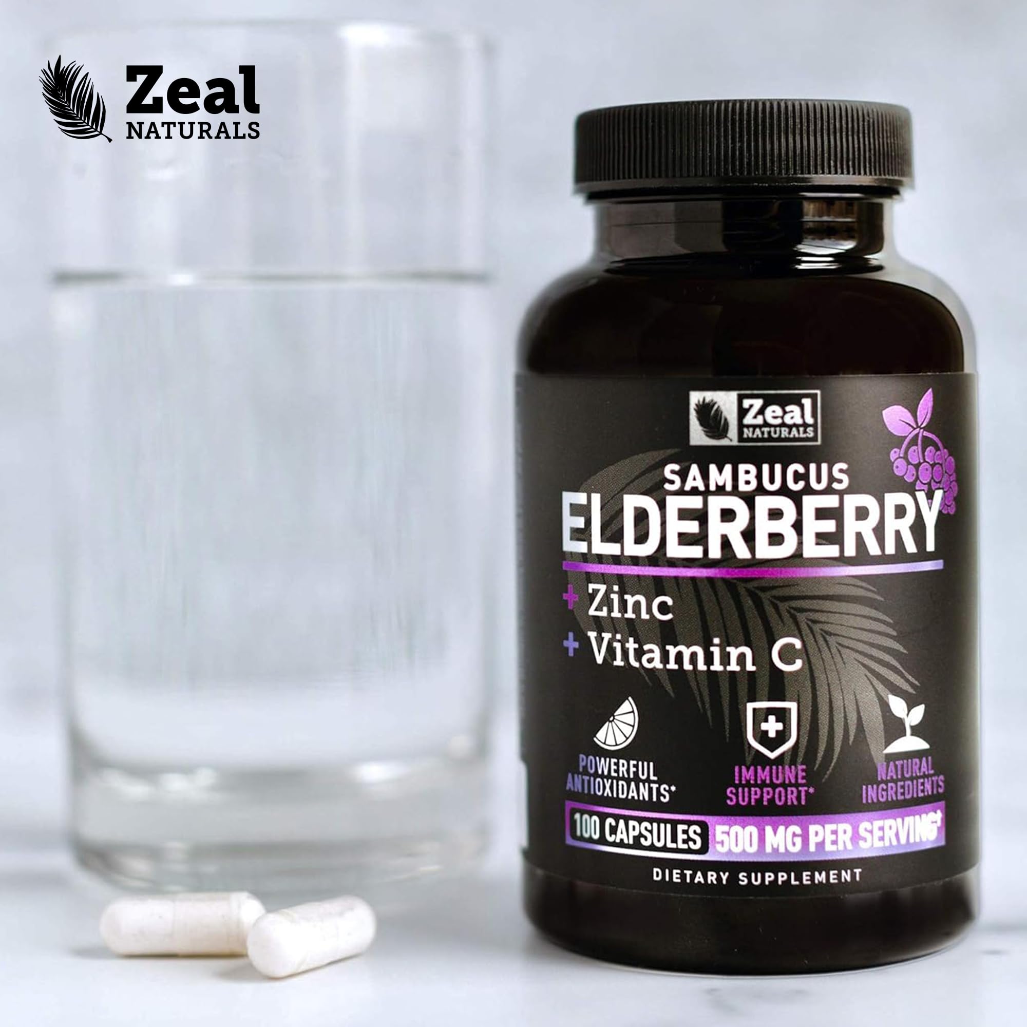 Zeal Naturals Elderberry Supplement 500mg with a measuring spoon