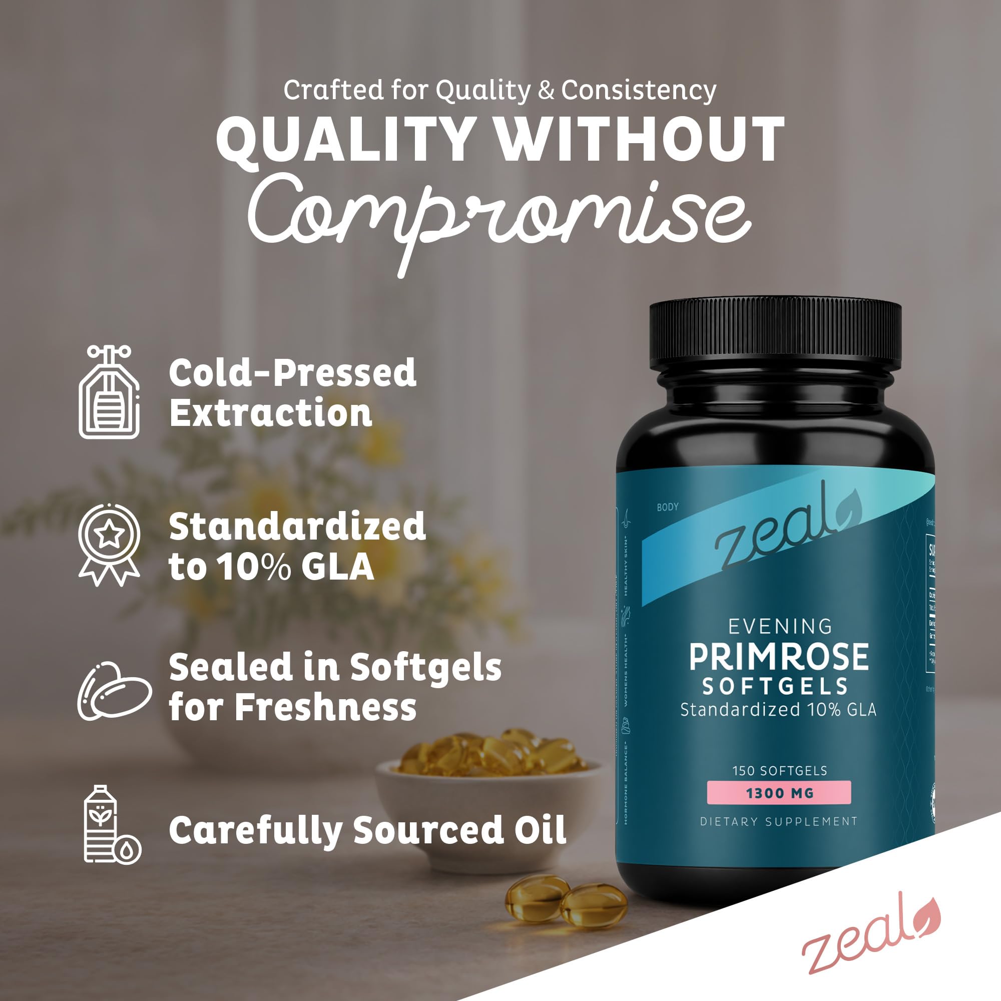 Zeal Naturals Evening Primrose Oil softgel capsule on a wooden surface