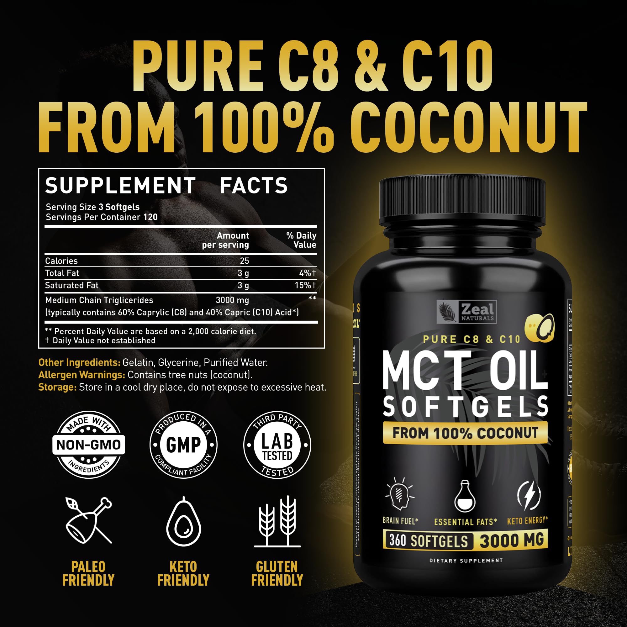 Zeal Naturals MCT Oil Softgels capsules on a wooden table