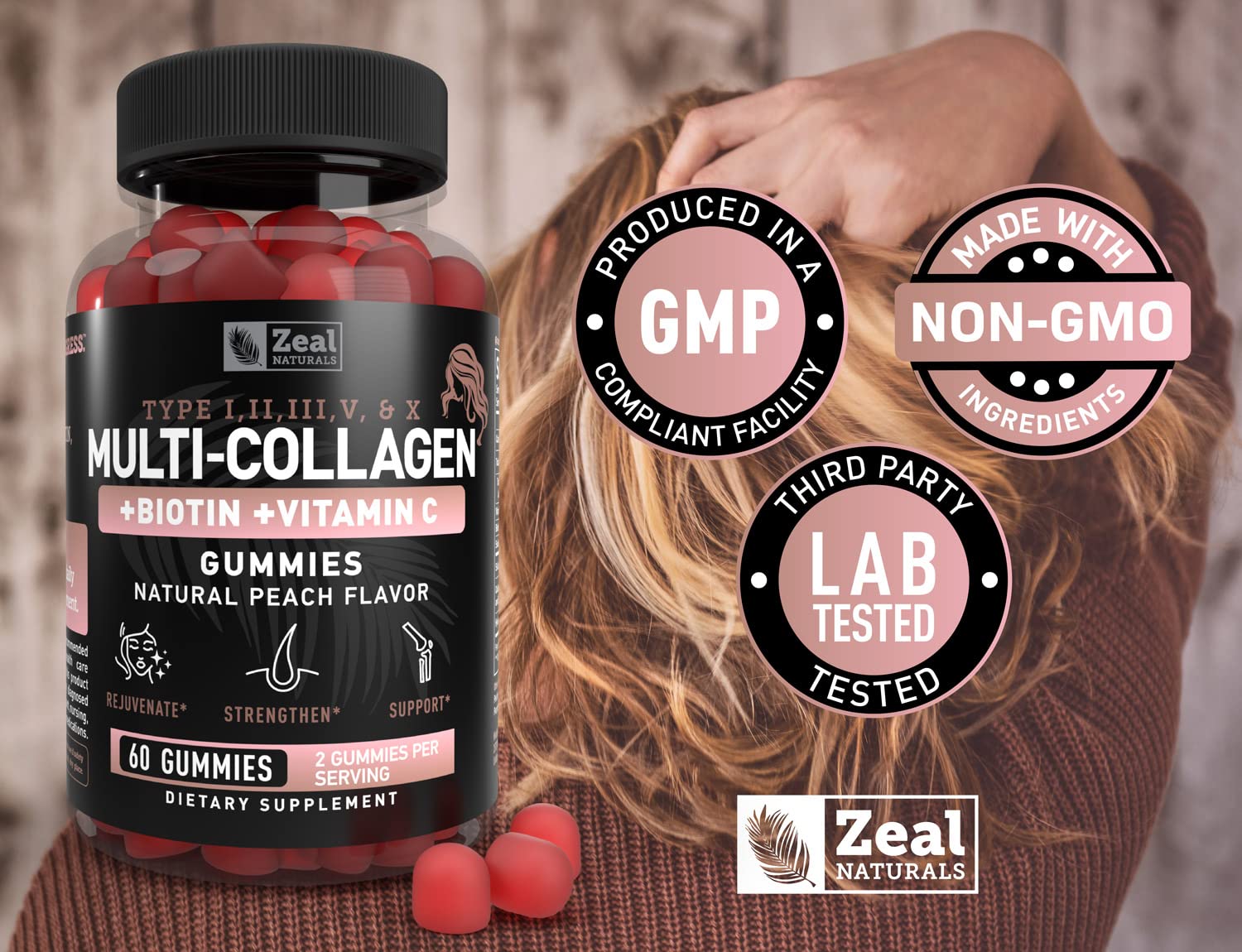 Zeal Naturals Multi Collagen Peptide Gummies on a wooden table