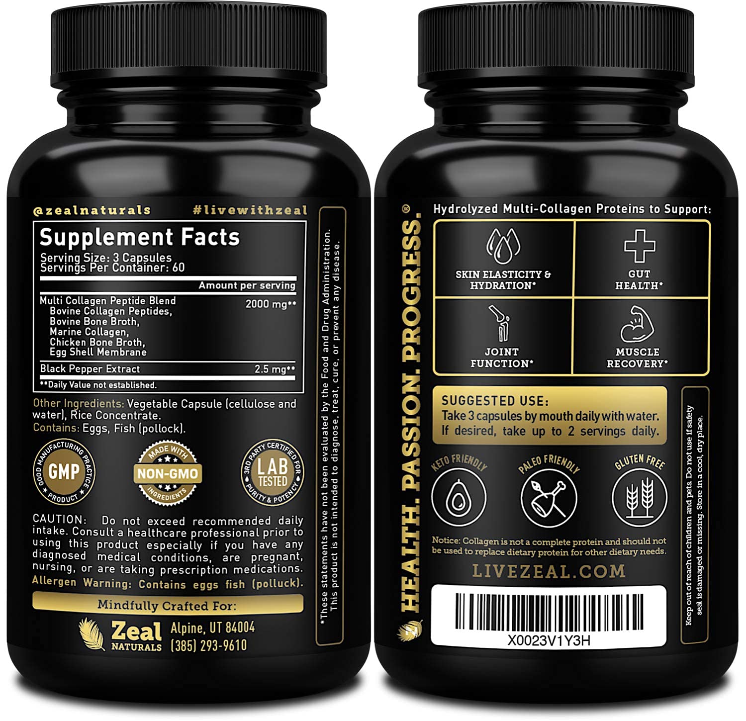 Zeal Naturals Multi Collagen Peptides 180 Capsules with dosage information