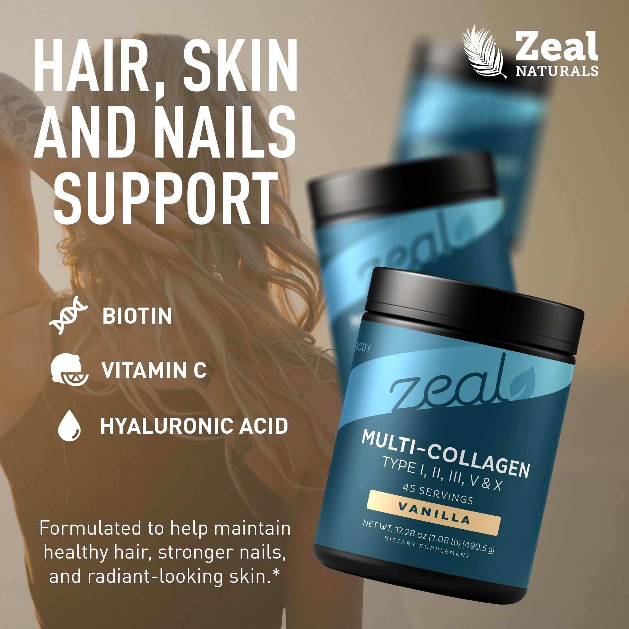 Zeal Naturals Multi Collagen Protein Powder 490g scoop and powder