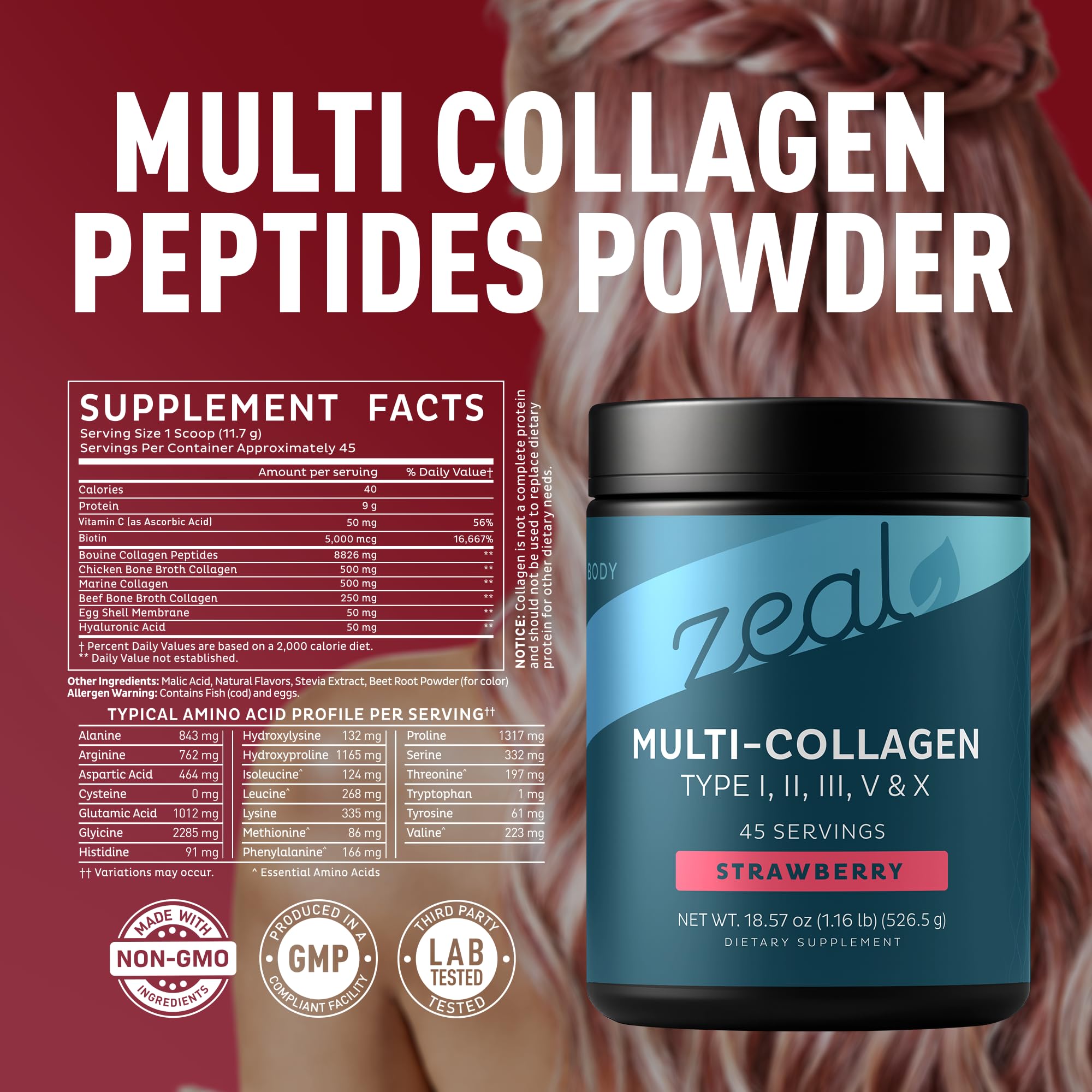 Zeal Naturals Multi Collagen Protein Powder 630g back view with nutritional information