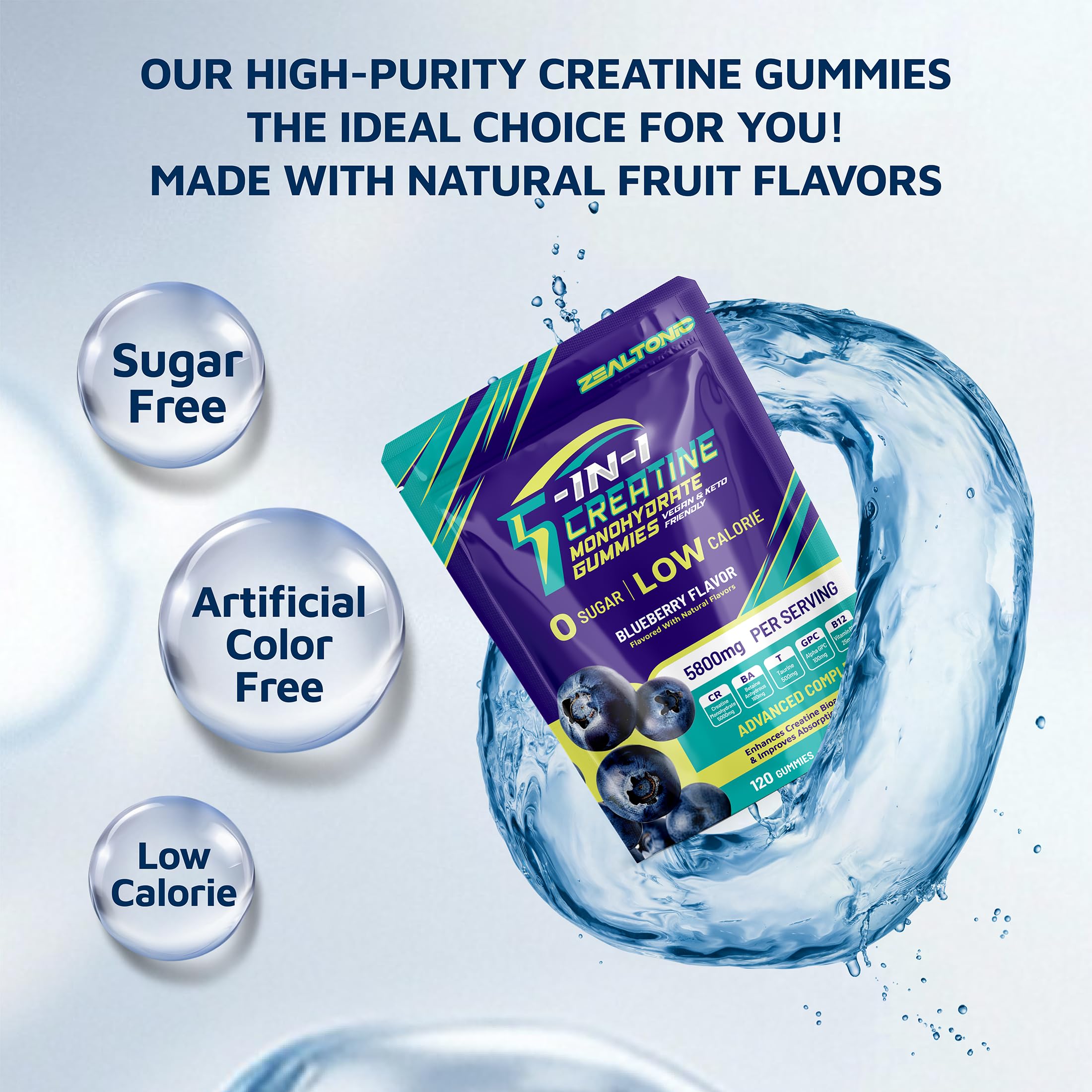 Zealtonic Creatine Gummies packaging with nutritional information