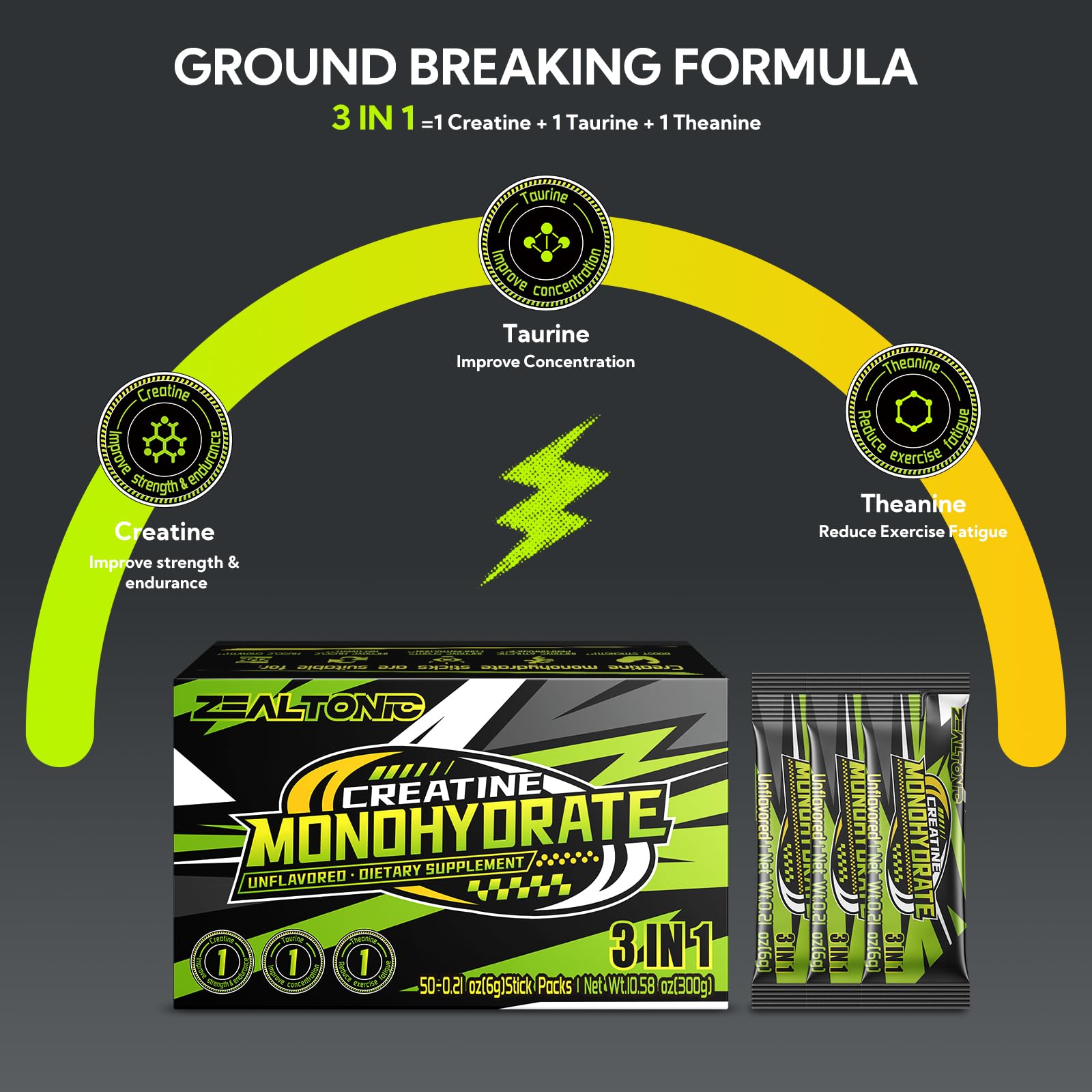 Zealtonic Creatine Monohydrate Stick Pack with a shaker bottle