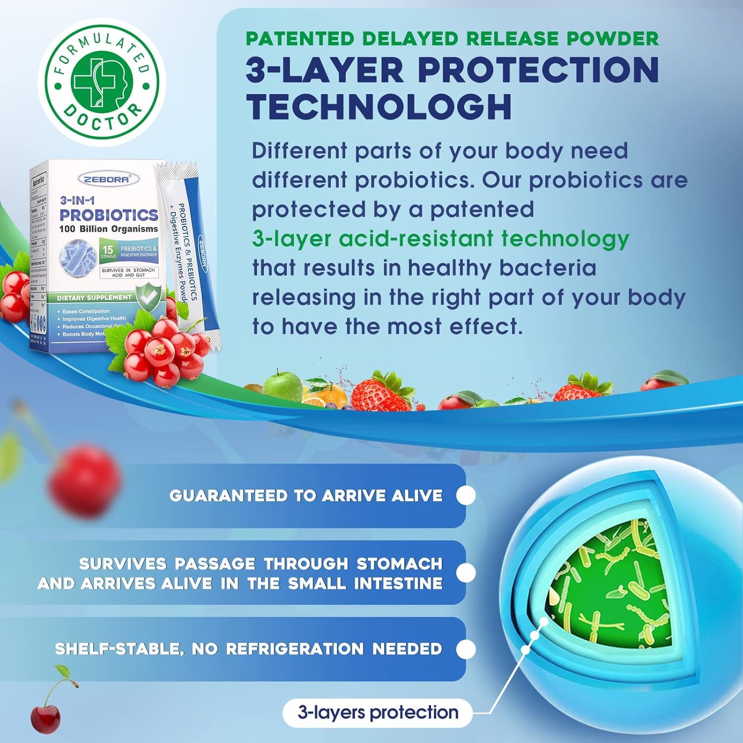 ZEBORA 3-in-1 Probiotics 100 Billion CFU with cranberries and cherries