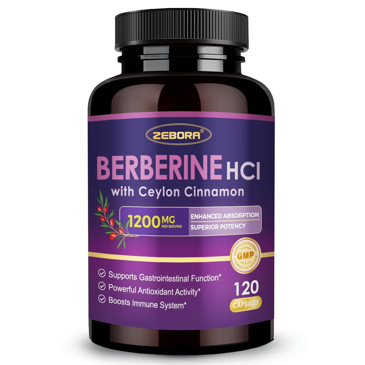 ZEBORA Berberine HCl 120 capsules front view