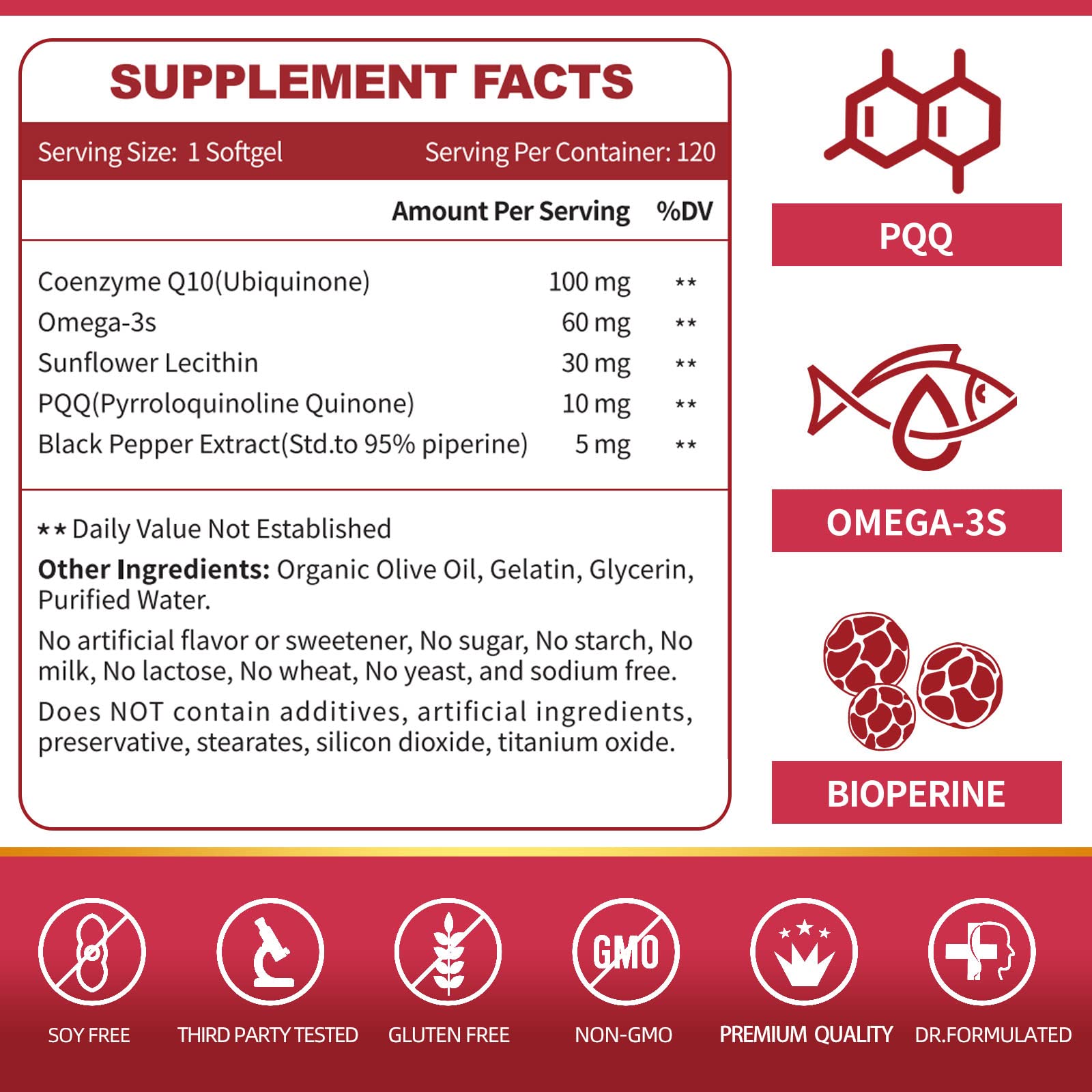 ZEBORA CoQ10 100mg softgels back view with ingredient list