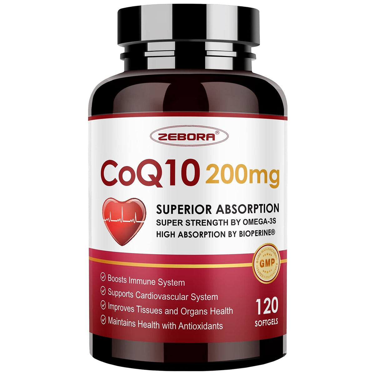 ZEBORA CoQ10 200mg soft gel bottle front view