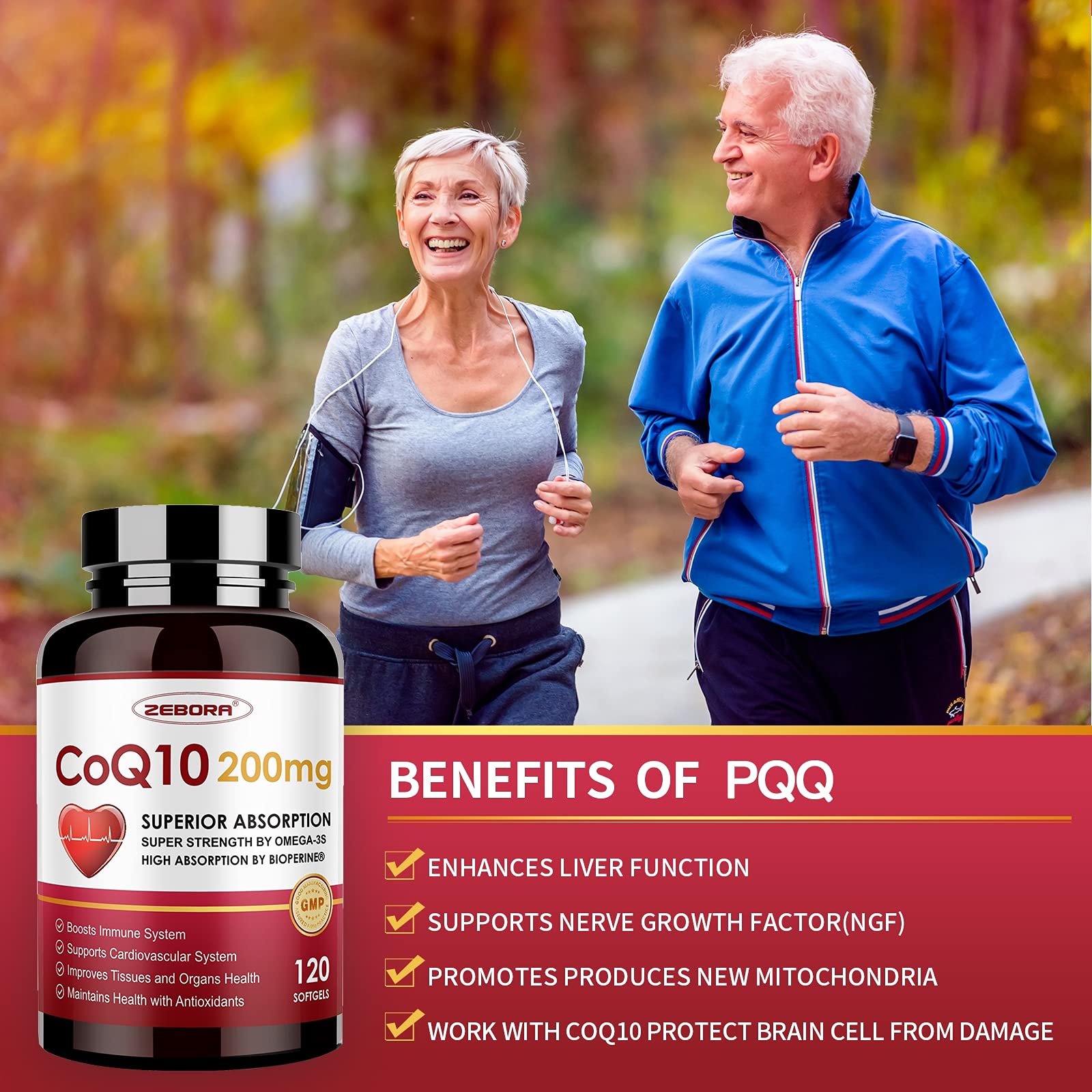ZEBORA CoQ10 200mg soft gels on a wooden table