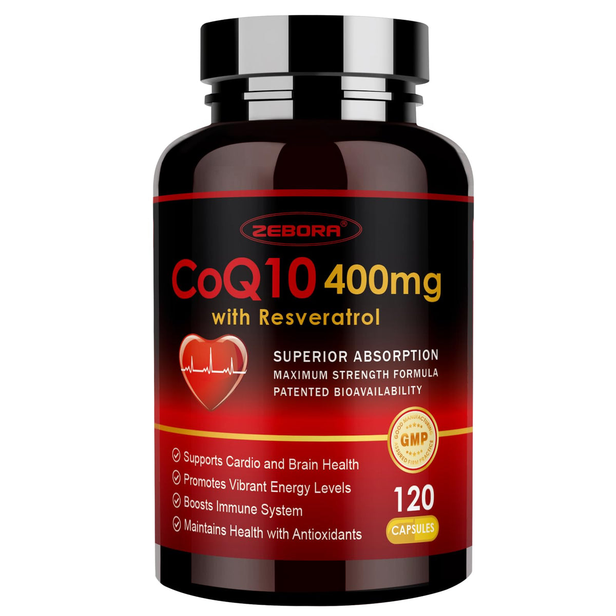 ZEBORA CoQ10 400mg capsules front view with packaging