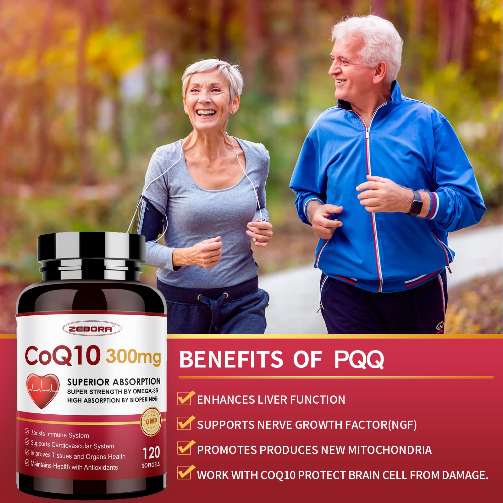 ZEBORA CoQ10 softgels displayed on a table