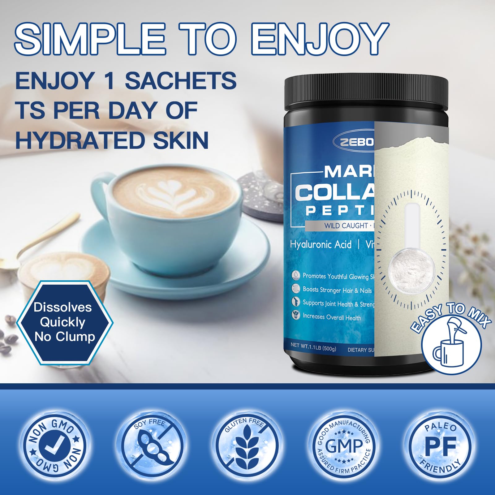 ZEBORA Marine Collagen Peptides Powder jar with scoop