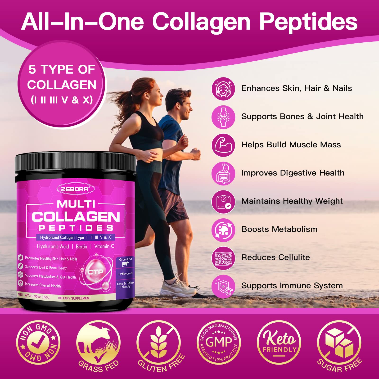ZEBORA Multi Collagen Peptides Powder scoop included