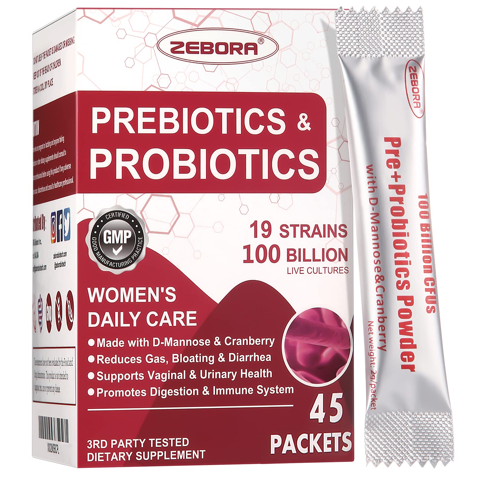 ZEBORA Probiotic Supplement for Women 45 Packets front view