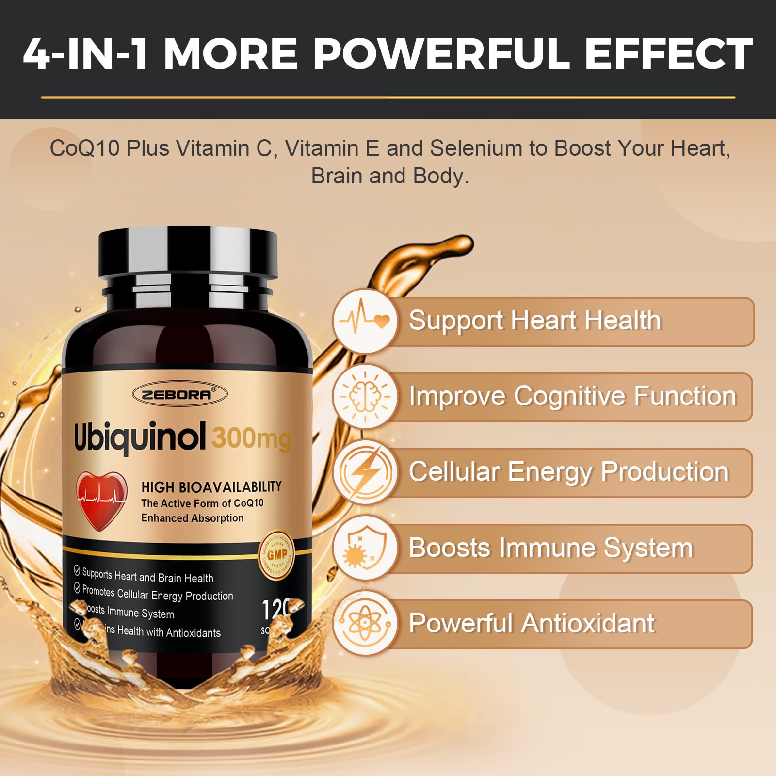 ZEBORA Ubiquinol CoQ10 100mg supplement bottle with capsules