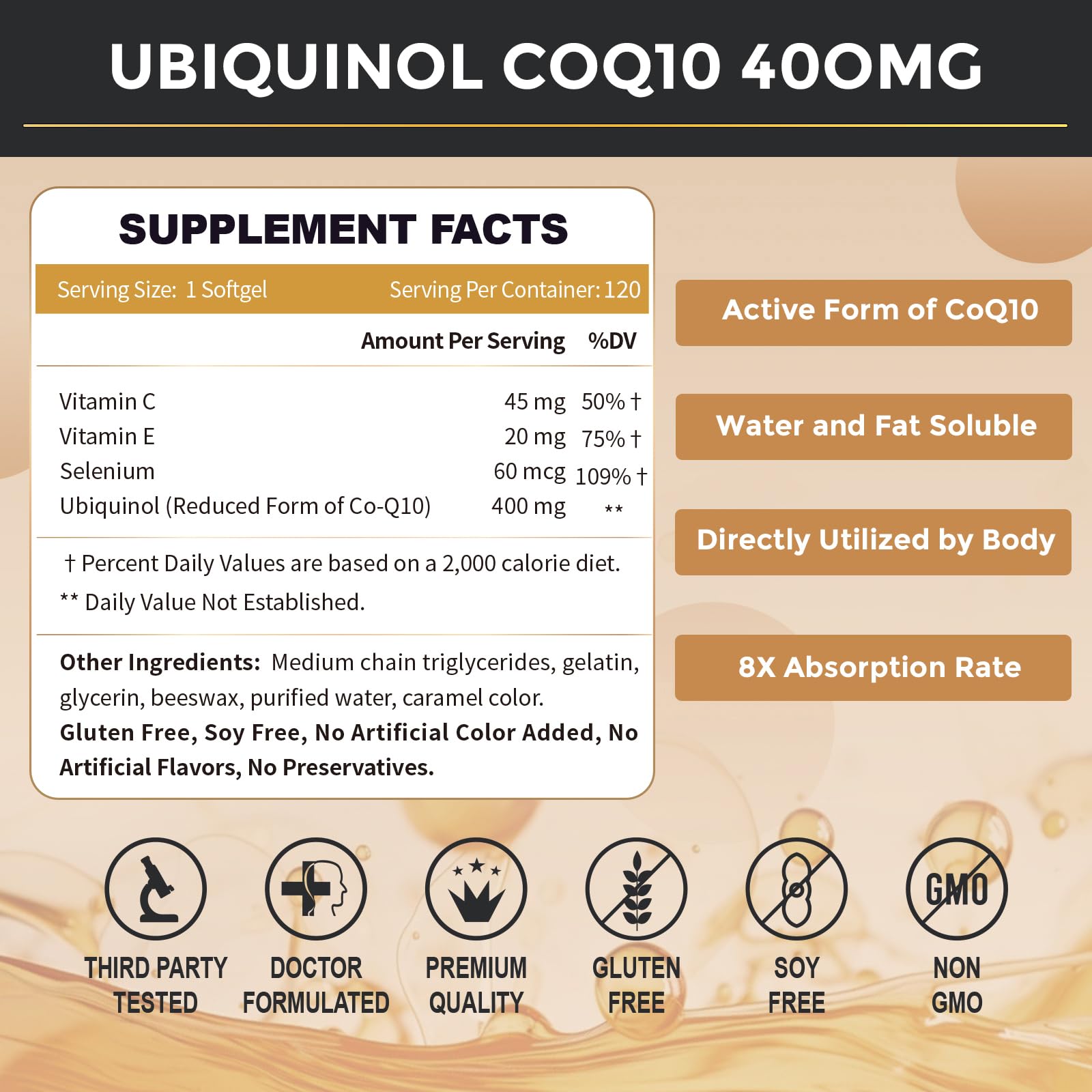 ZEBORA Ubiquinol CoQ10 Supplement side view showing capsule