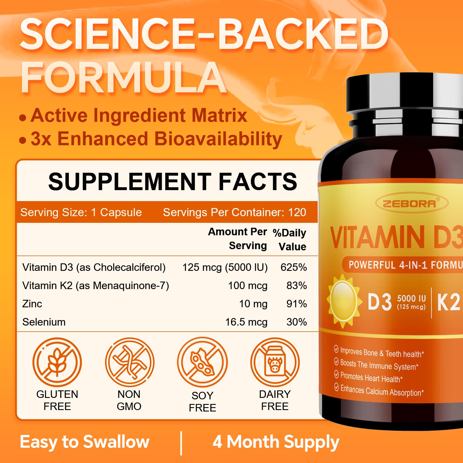 ZEBORA Vitamin D3 & K2 Capsules side view showing dosage