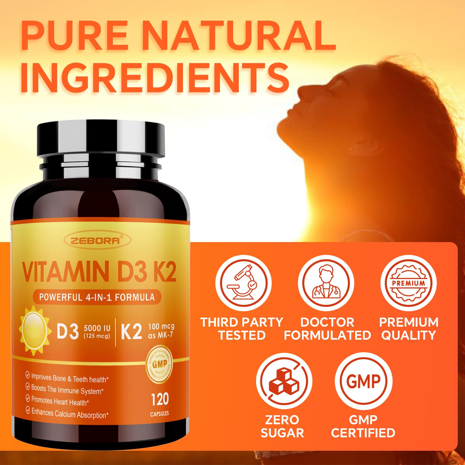 ZEBORA Vitamin D3 & K2 Capsules with measuring spoon for dosage