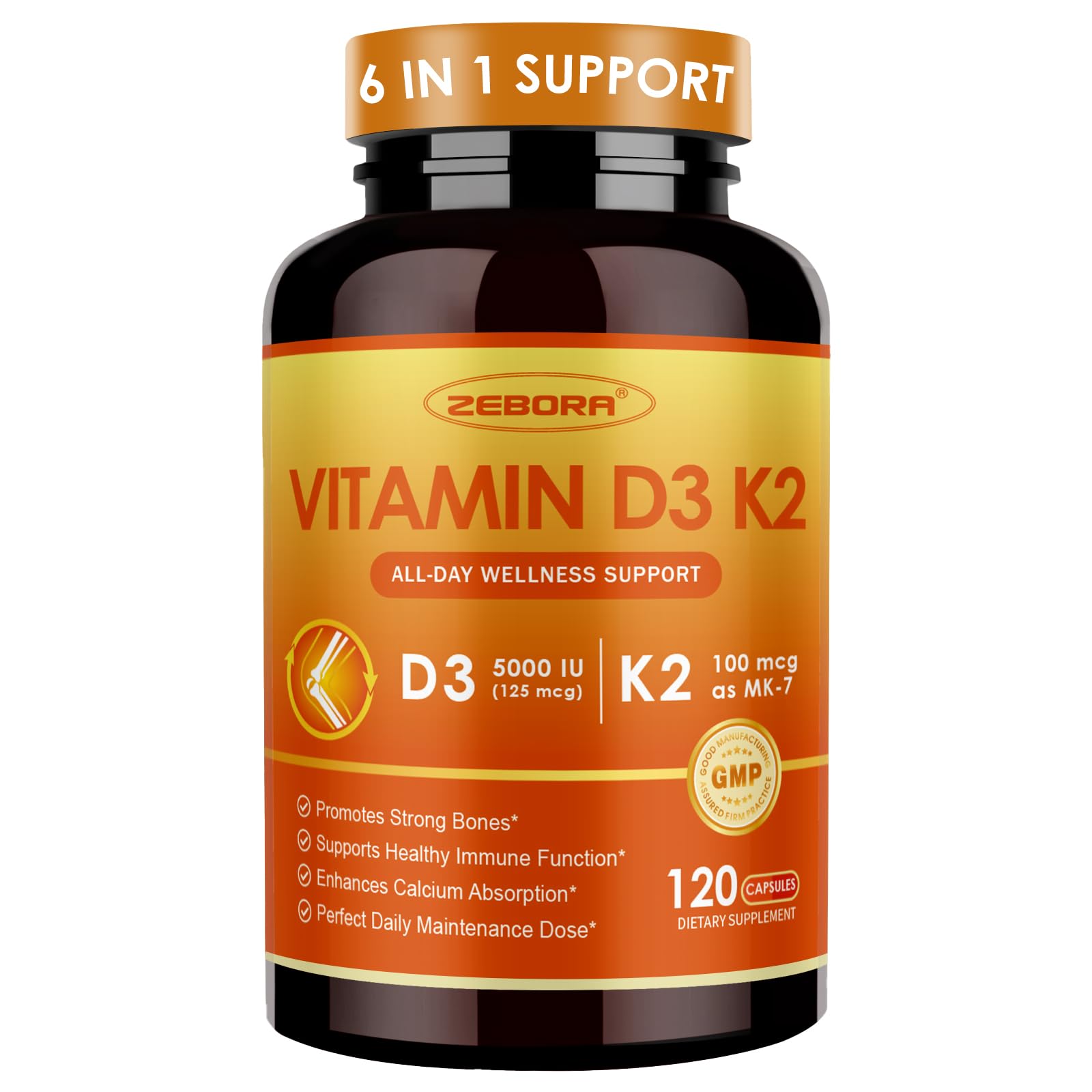 ZEBORA Vitamin D3 & K2 Supplement 5000 IU 90 capsules front view