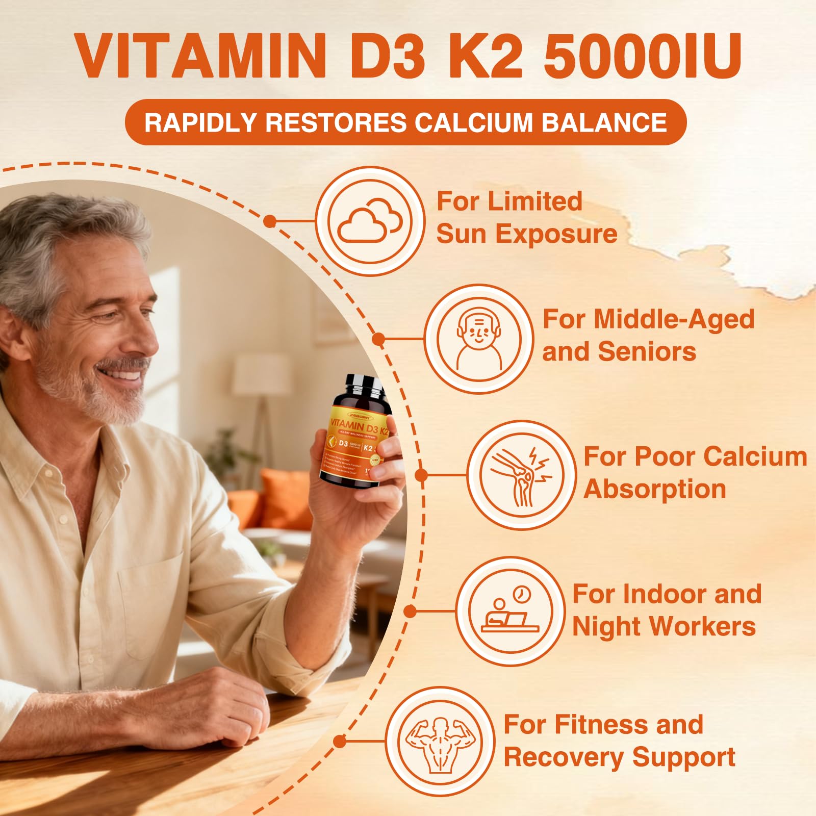 ZEBORA Vitamin D3 & K2 Supplement 5000 IU capsules on a wooden table