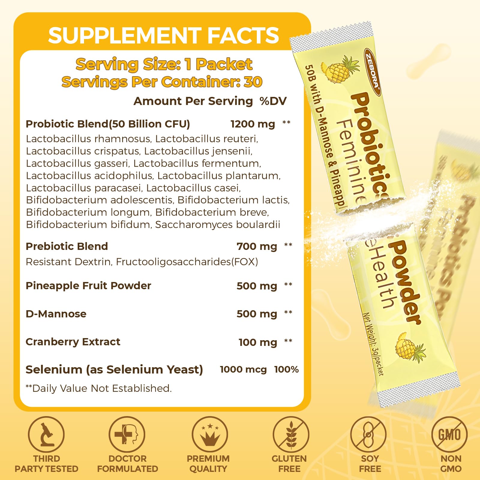 ZEBORA Women's Probiotic Powder packaging with stick packs