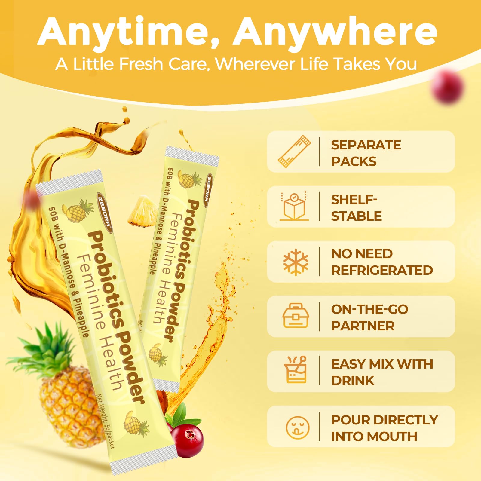 ZEBORA Women's Probiotic Powder stick pack in hand