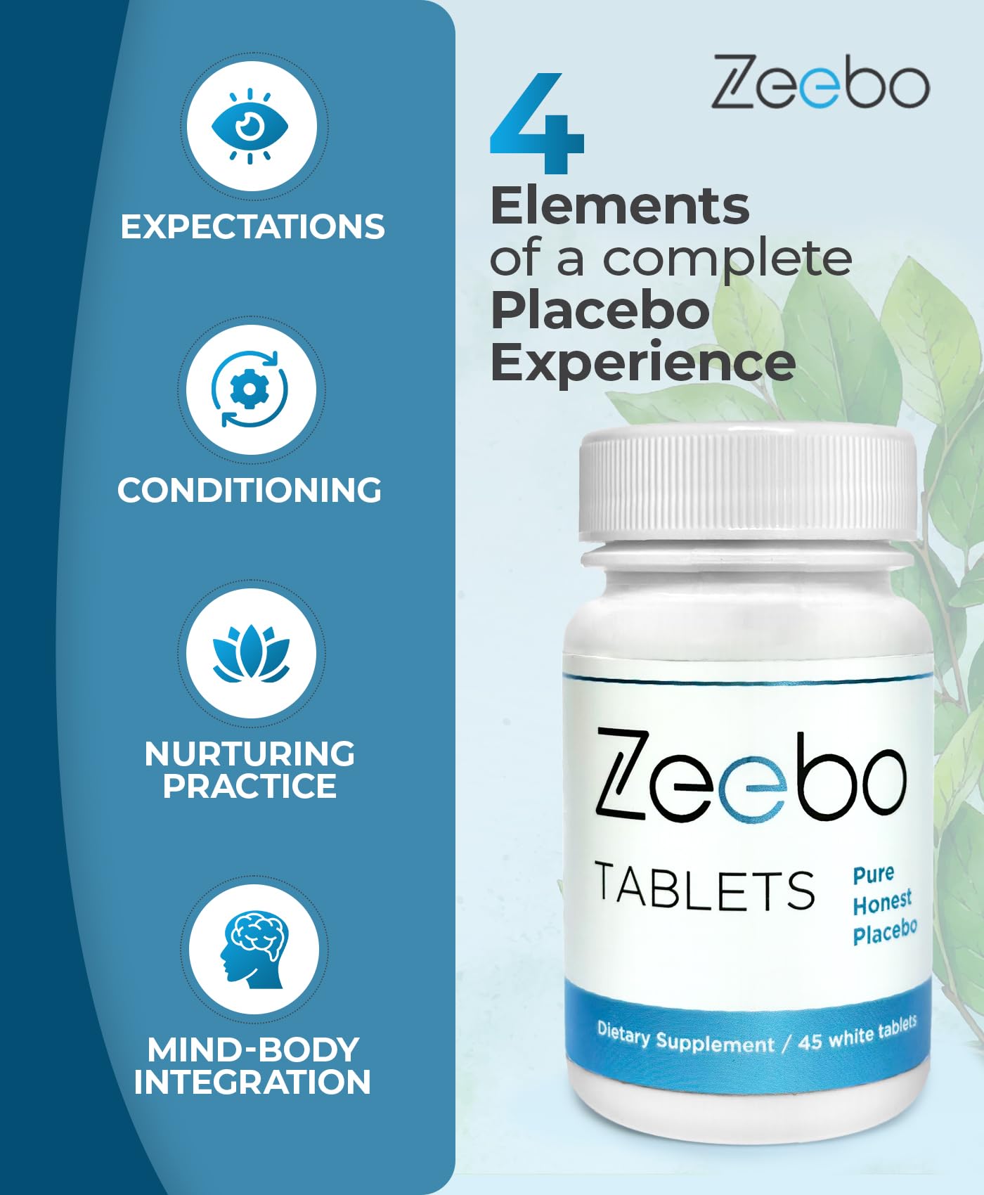 Zeebo Honest Placebo Pills blue-white capsules front view