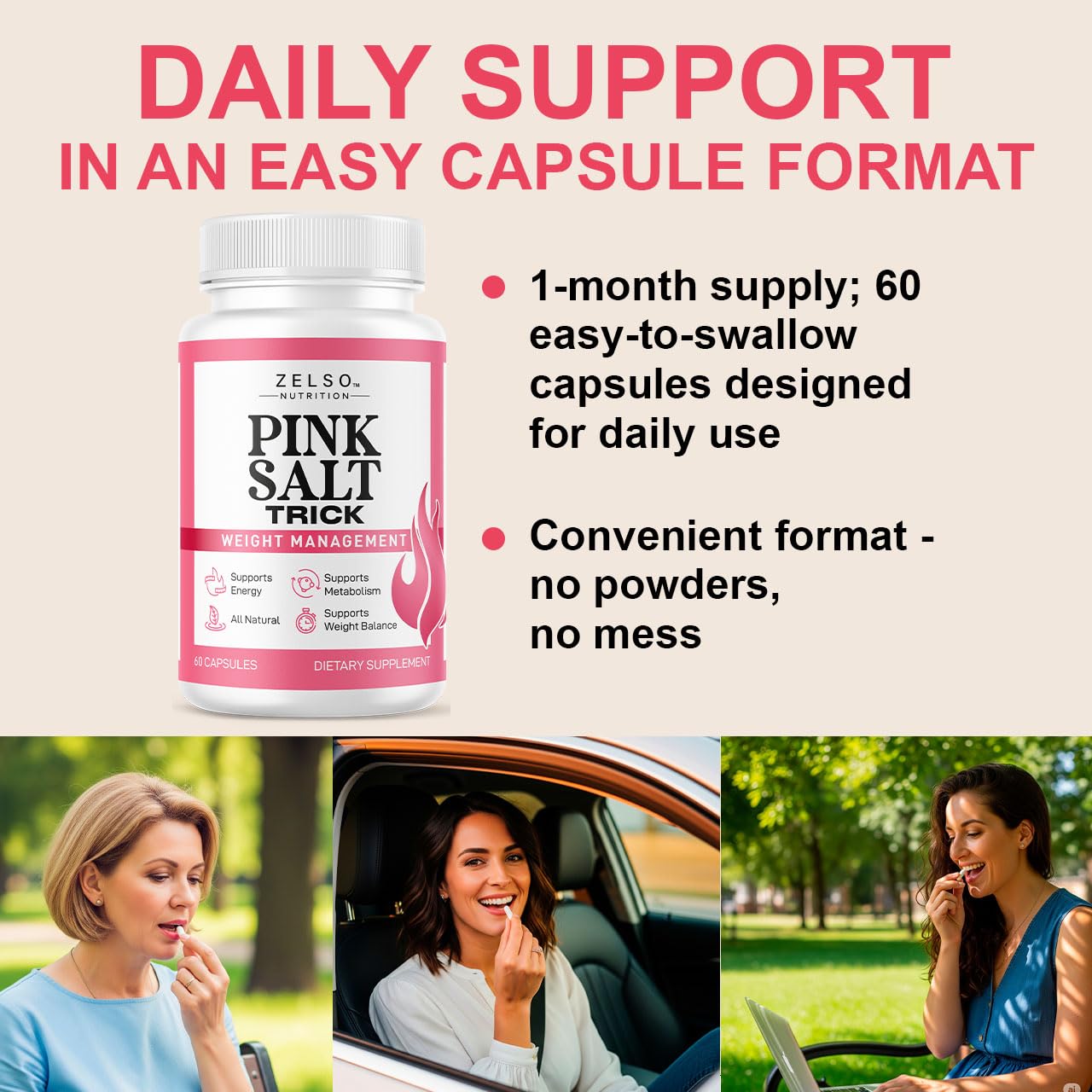 ZELSO Pink Salt Trick Capsules lifestyle scene on kitchen counter